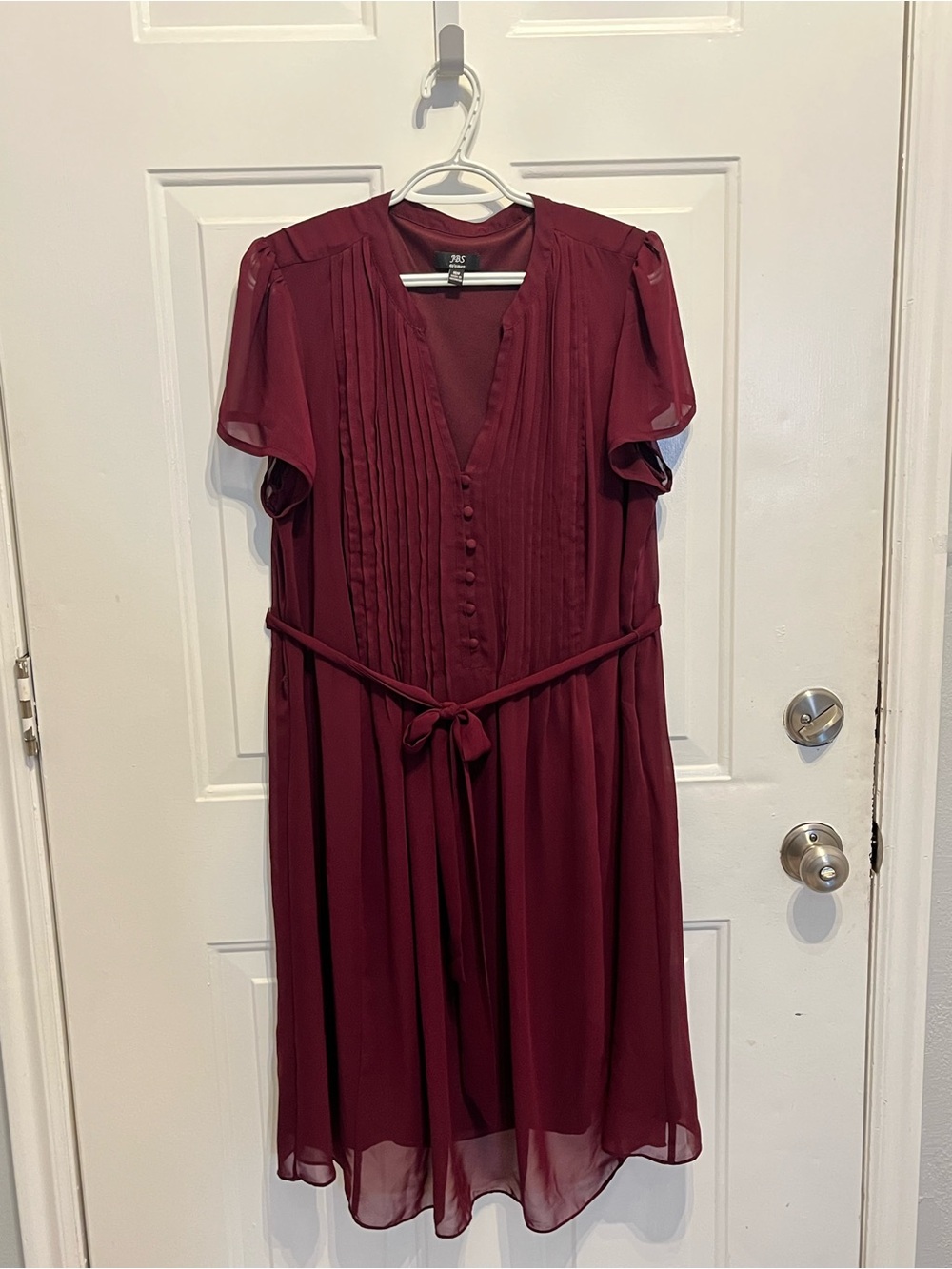 J.B.S. Burgundy Pleated Midi Dress with Tie Waist